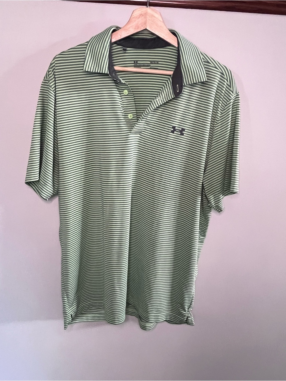 Under Armour Mens HeatGear Green Striped Polo Shirt Loose Fit Large